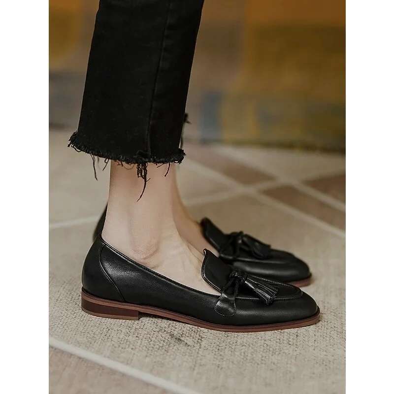 Retro British Square Head Women's Loafers 2022 Summer New Style Tassel Comfortable Single Women Brown Shoes
