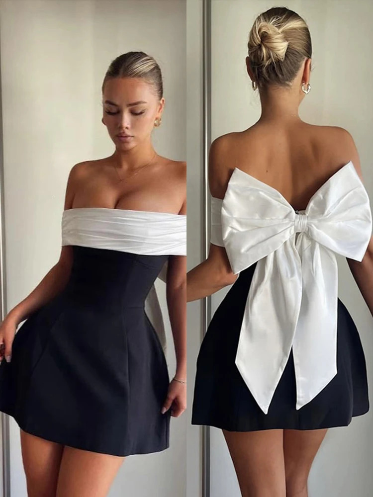 Straplees Mini Dress Women Sexy Elegant Backless Sleeveless Bow Robe Female Fashion Off Shoulder Birthday Party Dresses 250103
