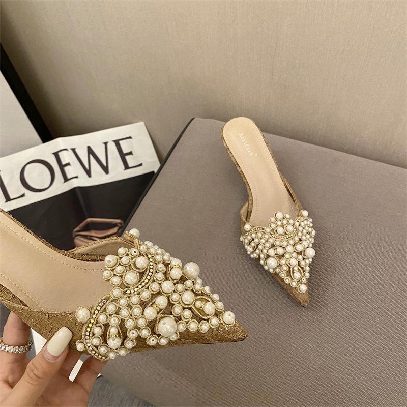 2024 New Fashion Pointy Head Pearl Half Slippers Fine Sandals Women's 42 Yards Middle Heeled Mules Shoes