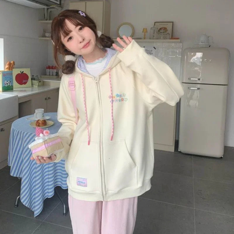 Embroidery Hoodies Women Clothing Street Fashion Patchwork Vintage Zip Up Hoodie Woman Loose Rest Sweatshirt Clothes Tops 250106