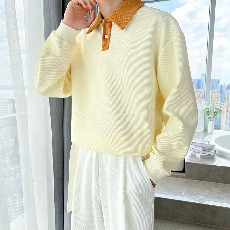Autumn and Winter Fashion Polo Neck Solid Color Mens Clothing T-shirt Long Sleeve Floral Korean Embroidery Chaopai Youth Top 250103