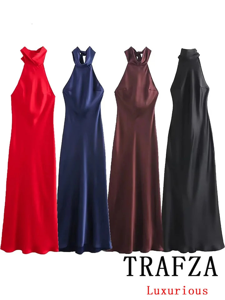 TRAFZA Vintage Casual Chic Solid Women Dress Halter Zipper Beach Long Fashion Autumn Winter Boho Party Female 250103