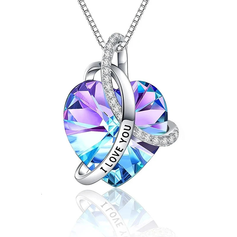 Fashion Purple Austrian Crystal Necklace I Love You Love Heart Shaped Pendant Necklaces for Women Christmas Valentines Day Gift 250106