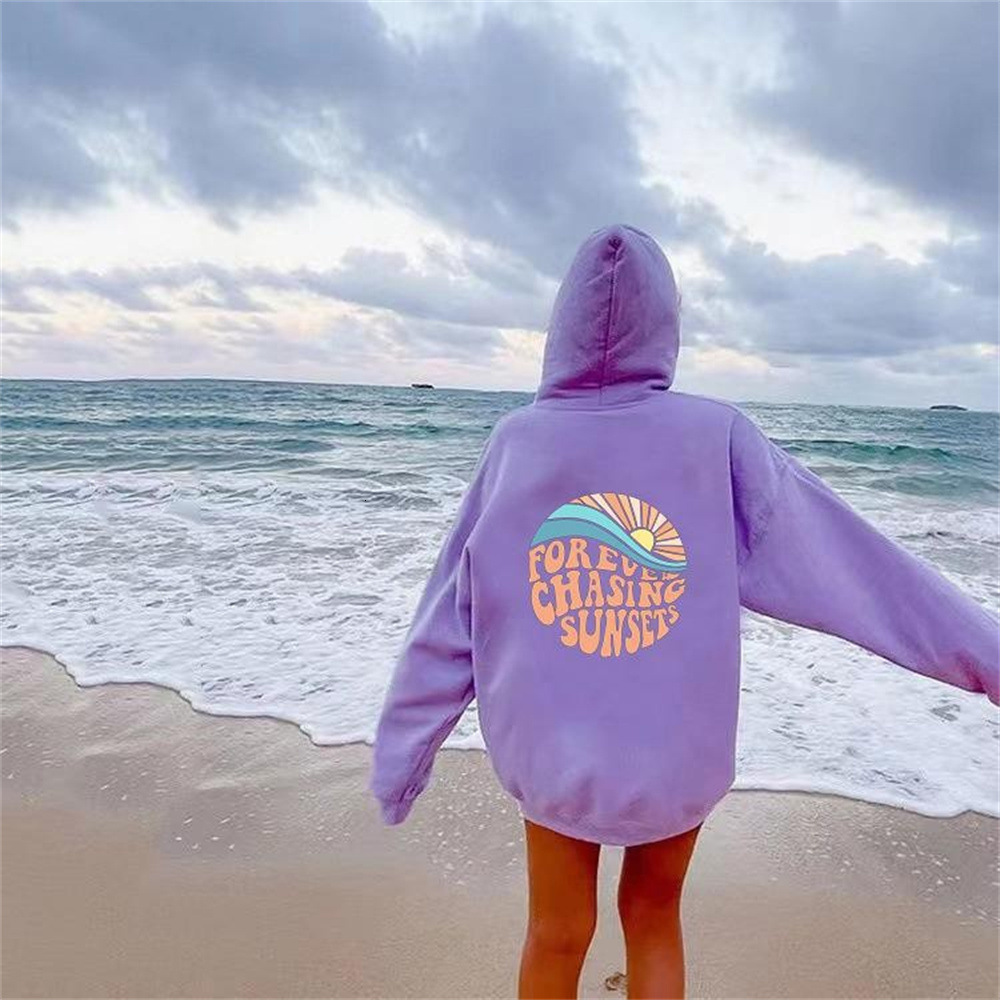 2024 American Velvet Always Chases The Sunset Kangaroo Pocket Drawstring Printed Hoodie