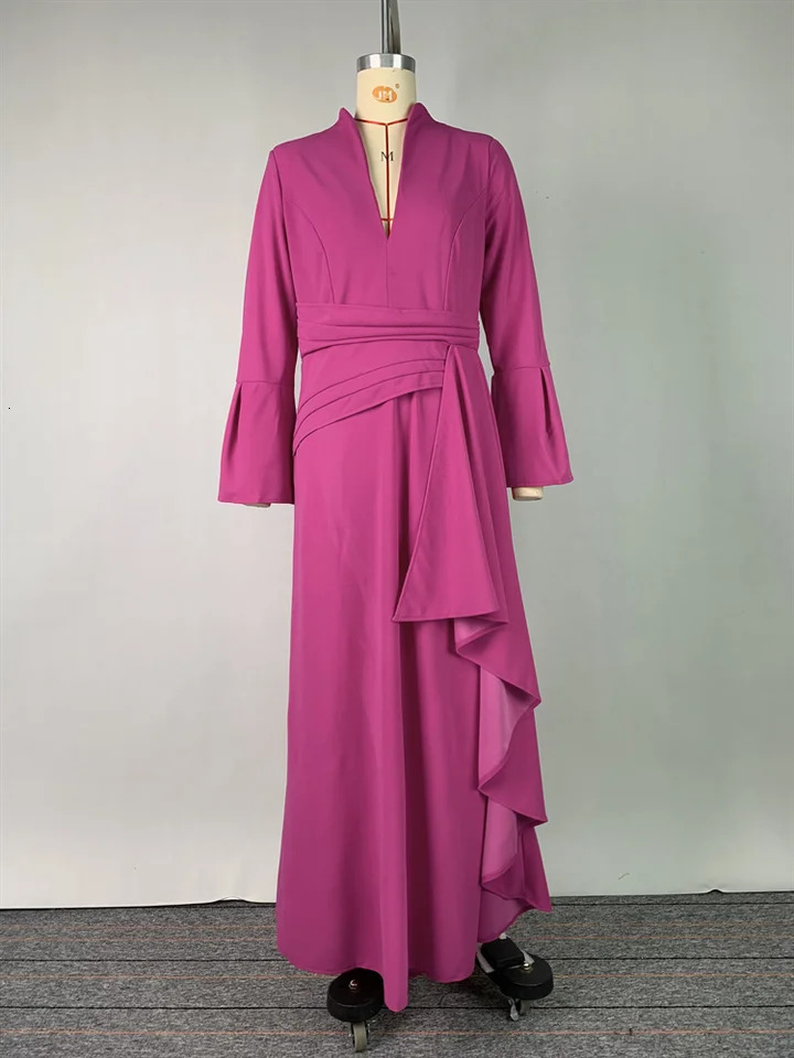 UOOZEE Female Elegant Party Evening Maxi Dresses Women Spring Flared Sleeves Deep V-Neck Pleated Formal Prom Gown 250103