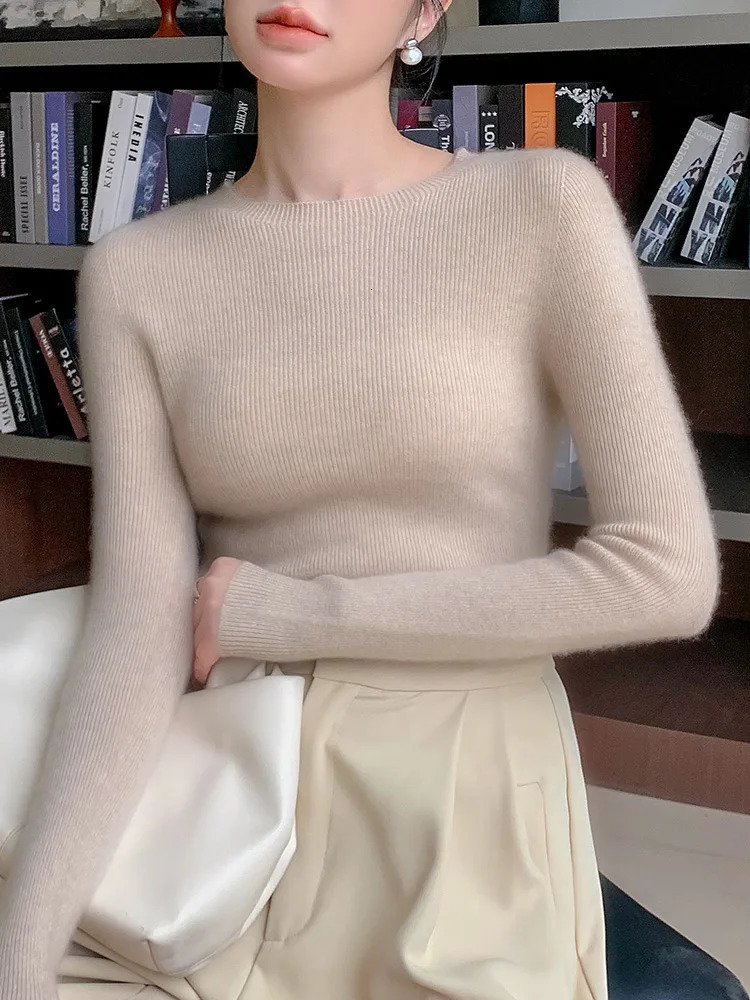 CHICUU Autumn Winter Women Cashmere Sweater Slim Oneck Pullover 100% Merino Wool Knitwear Basic Bottom Korean 250103