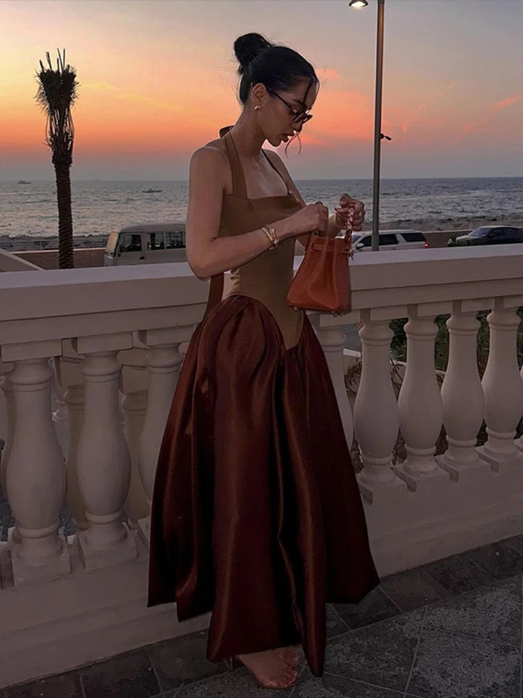 Elegant patch work dress womens strapless length A-line dress womens 2025 early spring fashion womens robe 250103