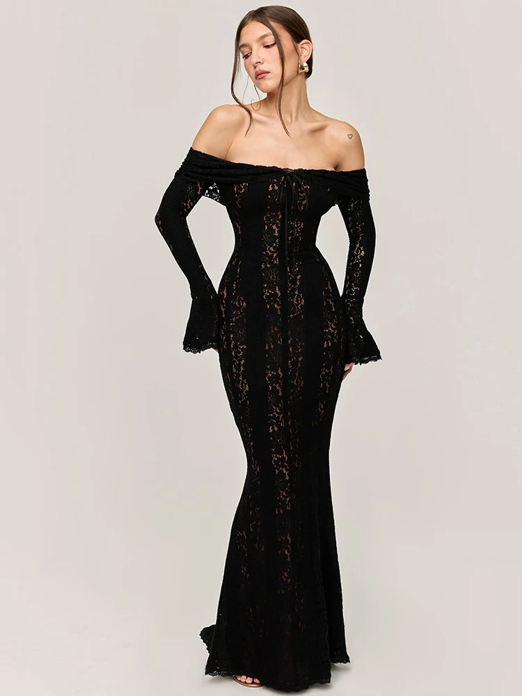 Mozision Lace Offshoulder Sexy Maxi Dress Women Strapless Backless Long Sleeve Bodycon Evening Club Party Elegant 250103