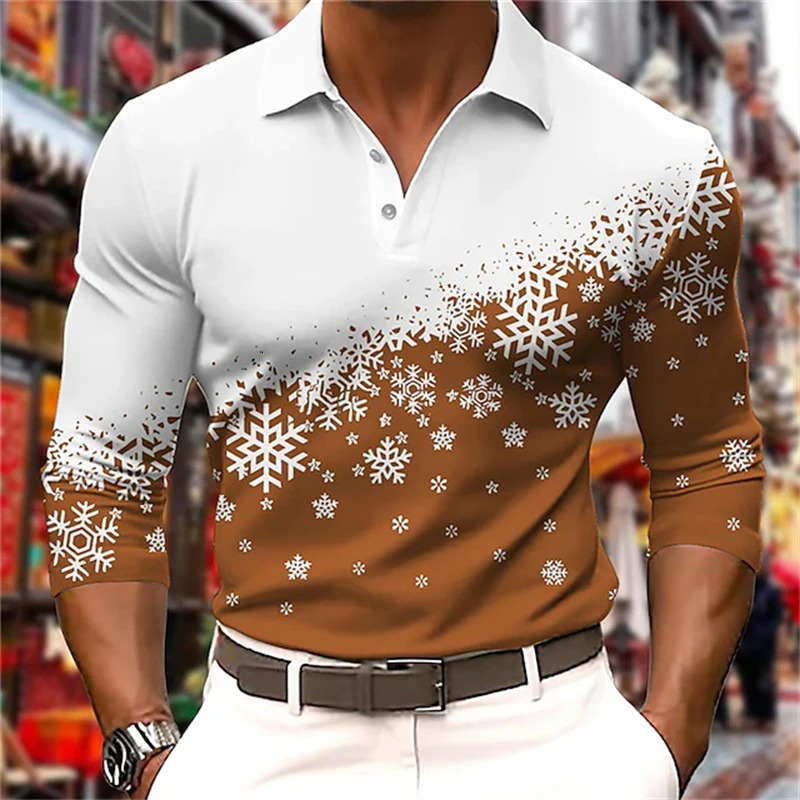 Mens Polo Shirt Golf Shirt 3D Printed Snowflake Graphic Top Christmas Street Long Sleeve Button Mens Polo Clothing 250103