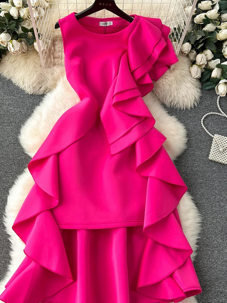 XFPV Womens Sleeveless Rose Red Ruffle Edge High End Slim Party Dress Vestidos Korean Fashion Autumn Winter 2025 SM9347 250103
