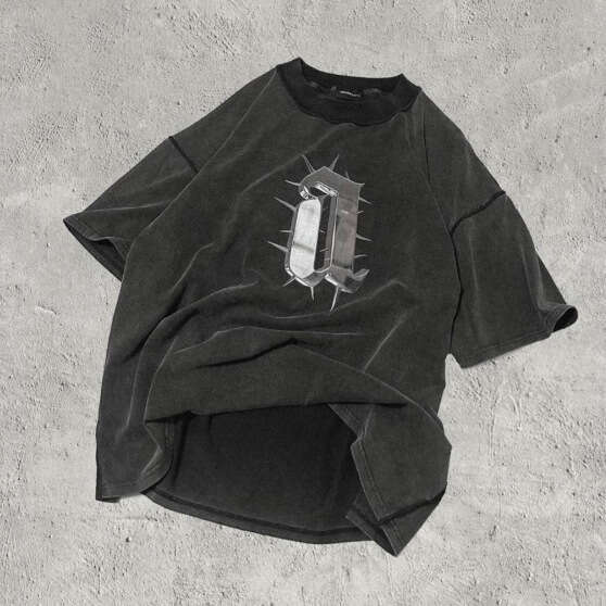 Vintage High Street Washed Black Metal Letter Printed Short Sleeve T-shirt for Men and Women