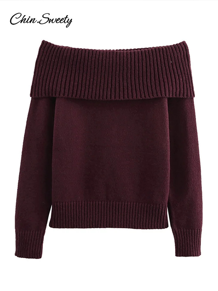 Elegant Burgundy Off Shoulder Sweater Women Knitted Long Sleeve Slim Fit Pullover Top Spring High Street Casual Knitwear 250103