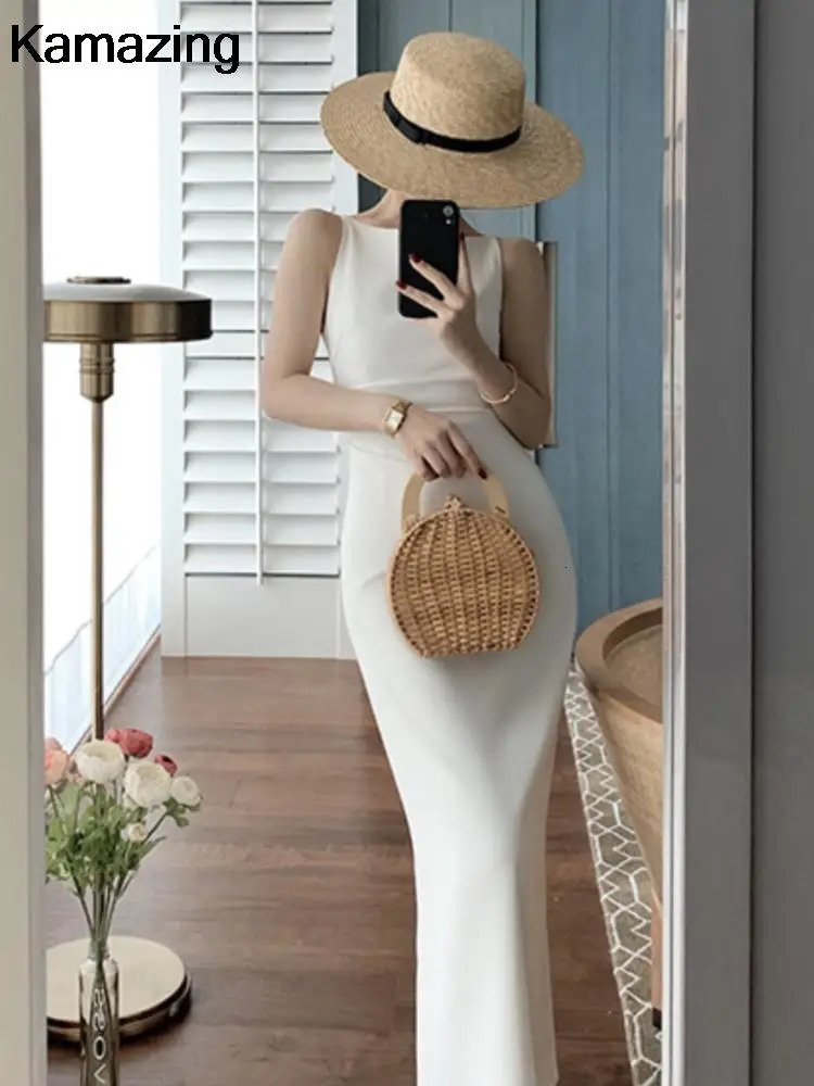 Summer Slim Evening Party Dresse Elegant Fashion Sleeveless Solid Vestidos Vintage Runway Simple Clothes 250103