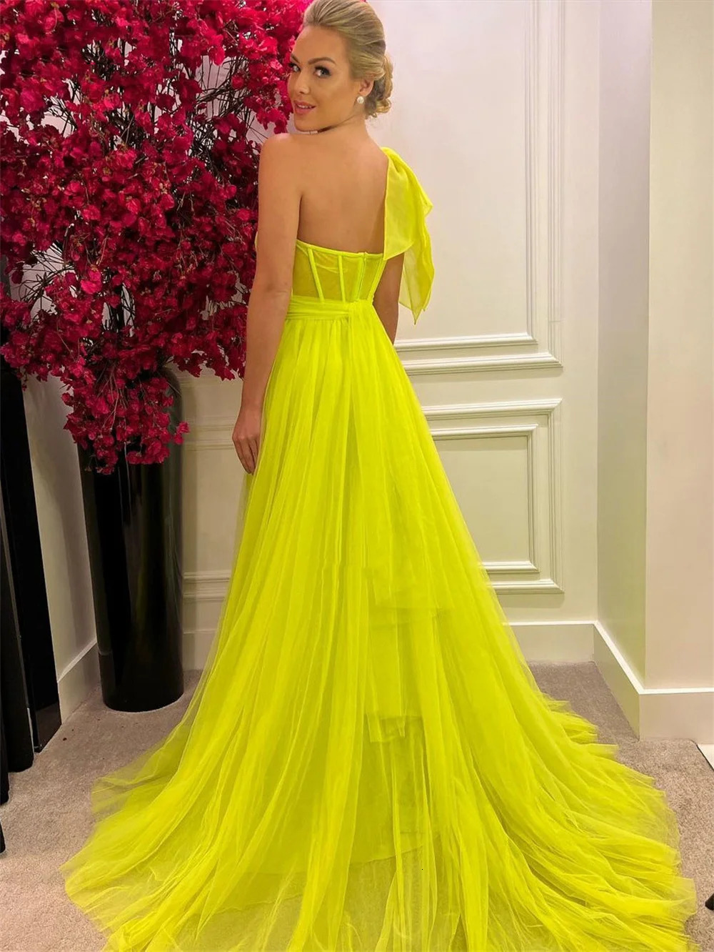Single shoulder chiffon rose pink A-line party dress sexy side split party dress free customization of evening dress 250103
