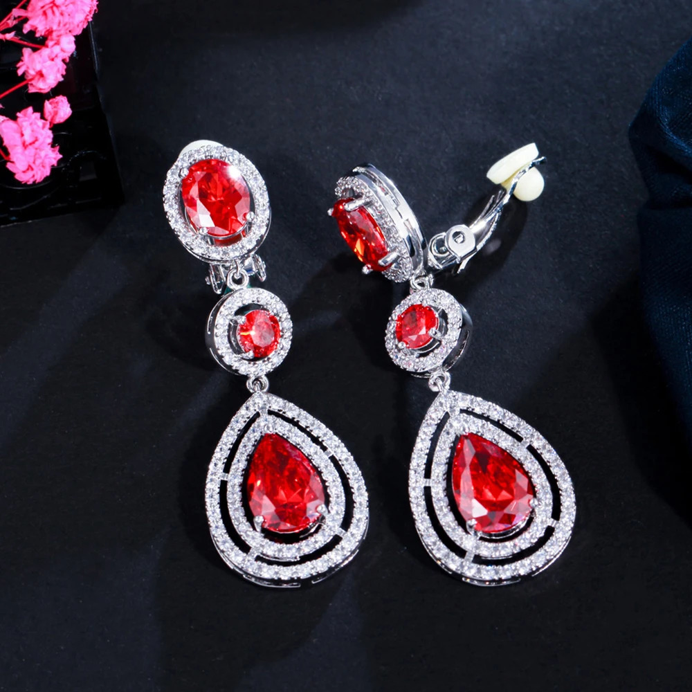 BeaQueen Dark Blue Cubic Zirconia Long Water Drop Statement Clip On Earrings without Piercing for Women Ear Clips Jewelry E286 250103