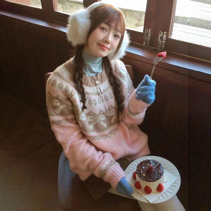 MEXZT Vintage Print Knitted Cardigan Women Japanese Long Sleeve Sweater Outerwear Winter Aesthetic Pink Knitwear Korean Jumpers 250103