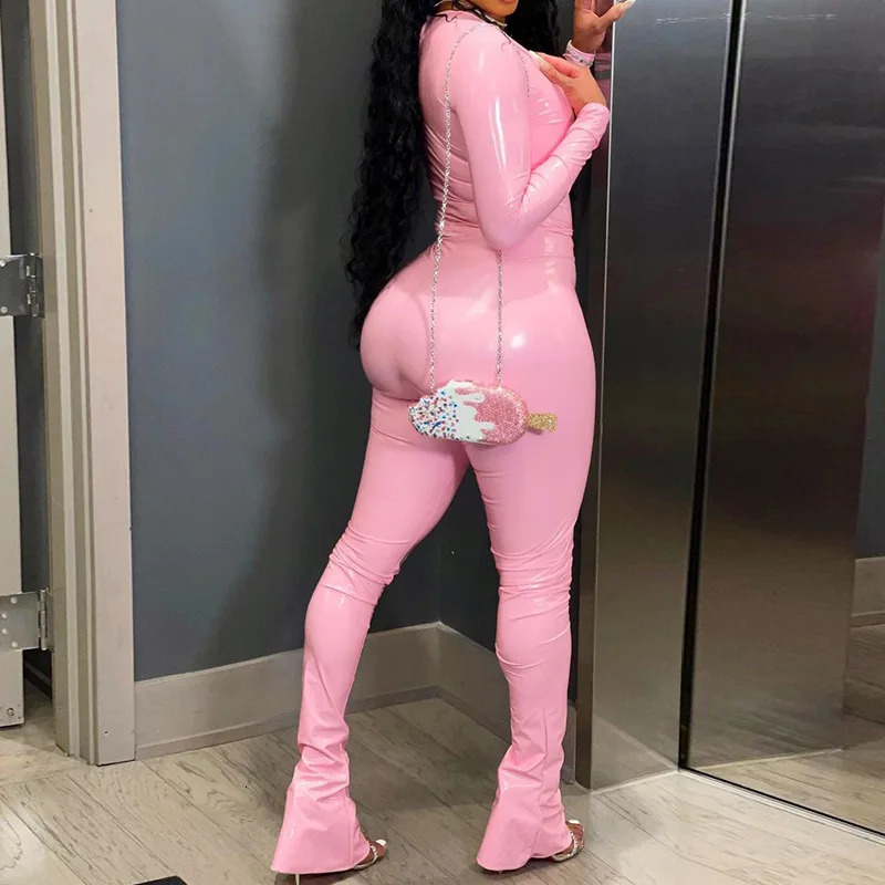 OMSJ Sexy Fur Leather Club Outfits Female Two Pieces Matching Set U Neck Long Sleeve TopsTight Boot Cut Pant Streetwear Y2K 250106
