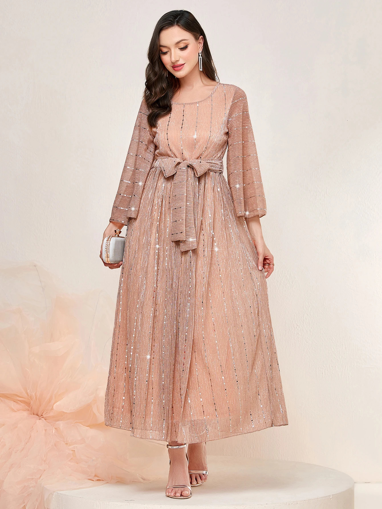 Ladies Round Neck Lotus Leaf Seven Quarter Sleeve Waist Cinched Pleated Sequin Belt Dress Middle Eastern Style 250103