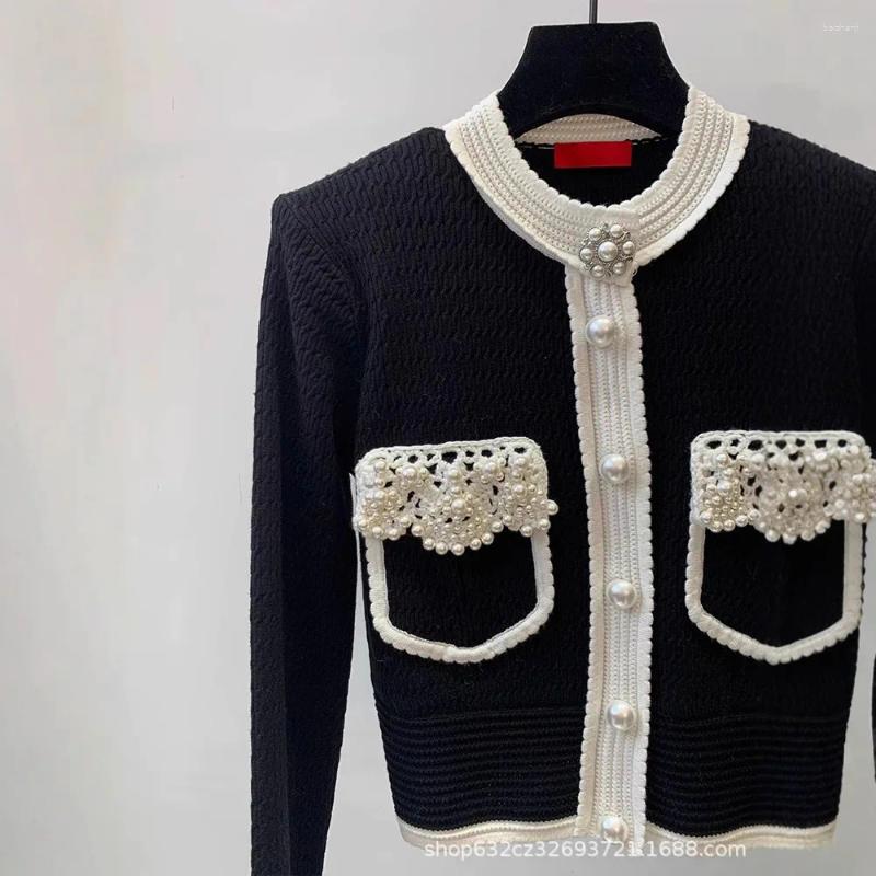 Women's Knits Pearls Beaded Knitted Cardigan Spring Hooked Wers Crocheted Sweater Coat Jacket Knitwear Jumpers Contrast Color Tops