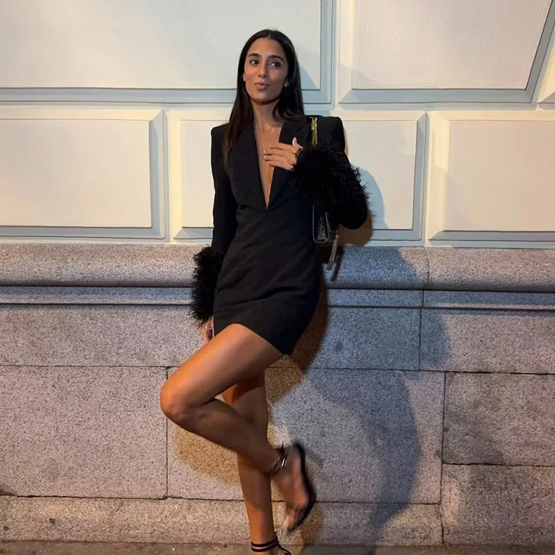 TRAF Womens Short Dresses Fashion Feather Cuff Mini Dress Women Long Sleeve Vintage Female Elegant Party 250103