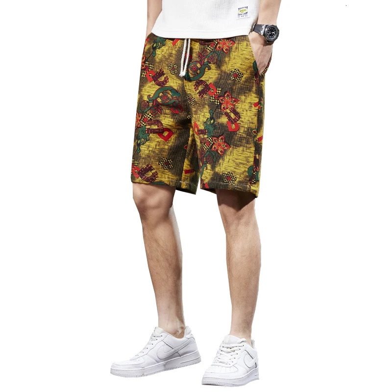 Summer Chinese Style Printed Beach Pants Mens Loose Trendy Capris Street Leisure Outdoor Shorts 250103