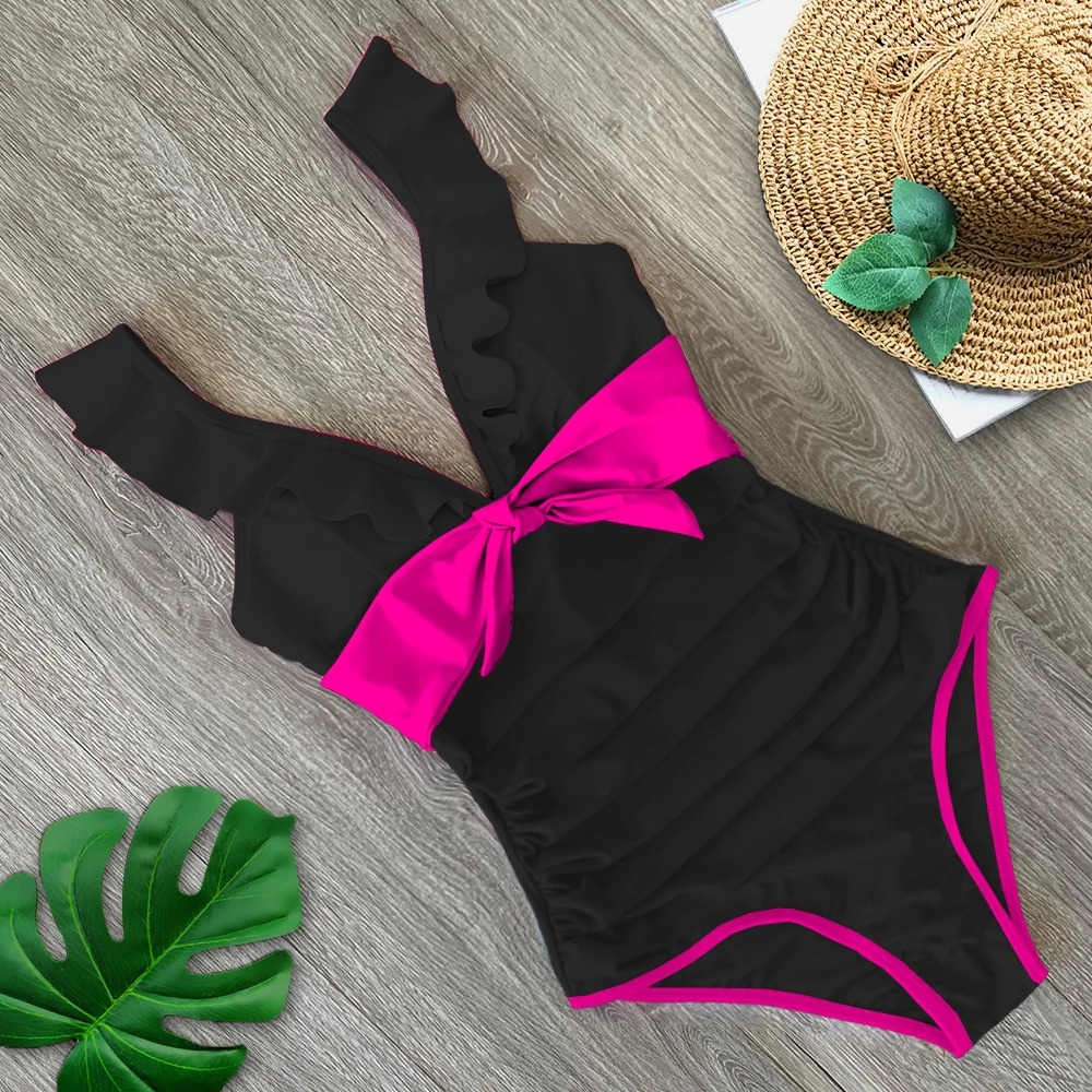 Sexy Ruffle One Piece Swimsuit Off The Shoulder Swimwear Women DeepV Bathing Suits Beach Wear Swim Suit 250106