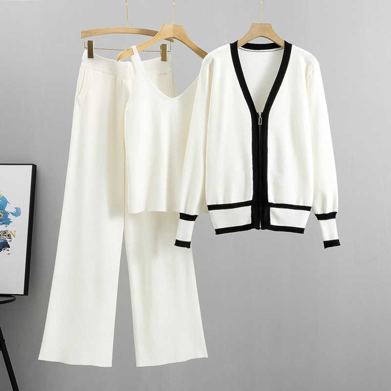 2024 Spring and Autumn New Womens European Collection Trendy Knitted Cardigan Strap Wide Leg Pants 3-piece Set