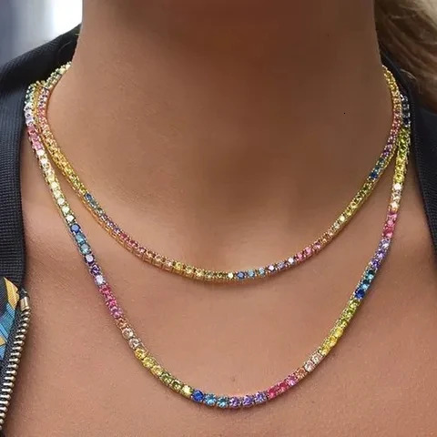 Arrived 4mm Rainbow Cubic Zircon Paved Cz Tennis Chain With Gold Color For Women Lady Hip Hop Fashion Necklaces For Party 250106