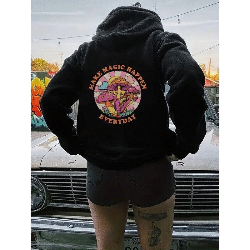 European Women's Velvet Sweatshirt With Plain Letter Kangaroo Pocket Drawstring Print Hoodie