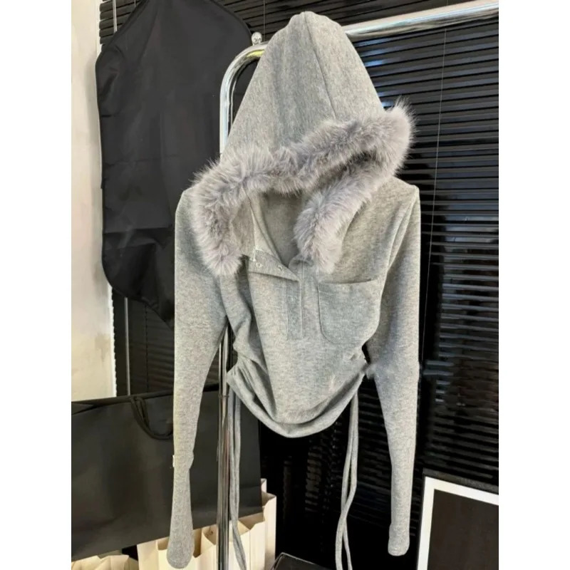 Korean simple casual temperament fashionable solid color plush hoodies for women 2025 grunge pleated versatile sexy tops ins 250106