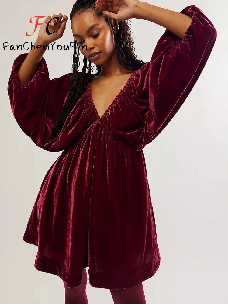 Womens Fashion Dresses Casual Velvet Elegant Deep V Neck Mini Dress Vintage Three Quarter Temperament Party Female 250103