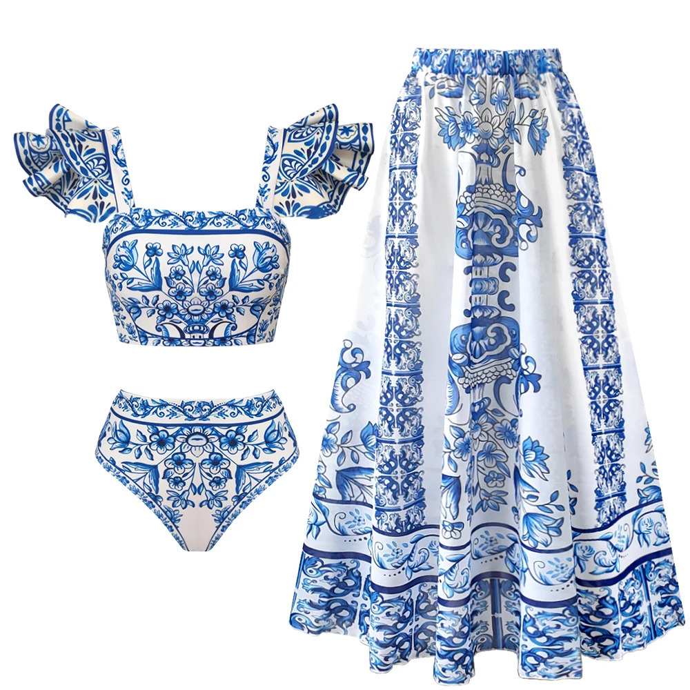 Sexy Ruffle One Piece Swimsuit Women Print Swimwear with Skirt Monokini Print Bathing Suits Swim Suit Wear Beachwear 250106