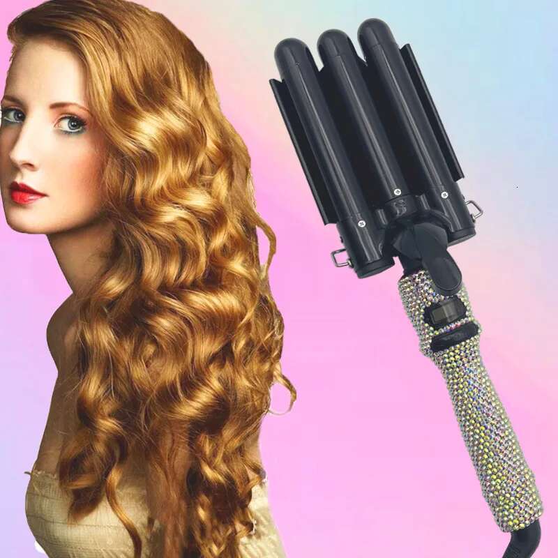 Curg Weave Iron Wand with Rhies Three Barrel LCD Temperature Display 1 Inch Ceramic Triple Barrels Crimp for Long Hair