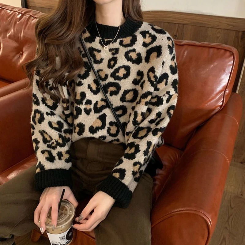 Biyaby Leopard Knitted Sweaters Woman Vintage Lazy Style Loose Jumper Blouse Women Autumn Winter ONeck Bottoming Pullovers 250103