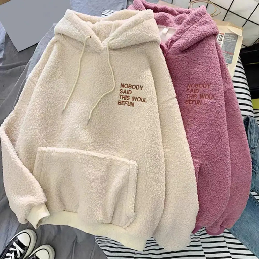 Casual Hooded Sweatshirt Cozy Fall Winter Womens Hoodie with Drawstring Patch Pocket Warm Fleece Pullover with Letter for Cold 250106