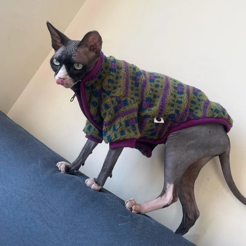 Sphyinx Cat Autumn and Winter Austrian Fleece Warm Green Jacket Zip-up Cardigan Cat Clothes Thick Purple Coat for Devon Rex 250106