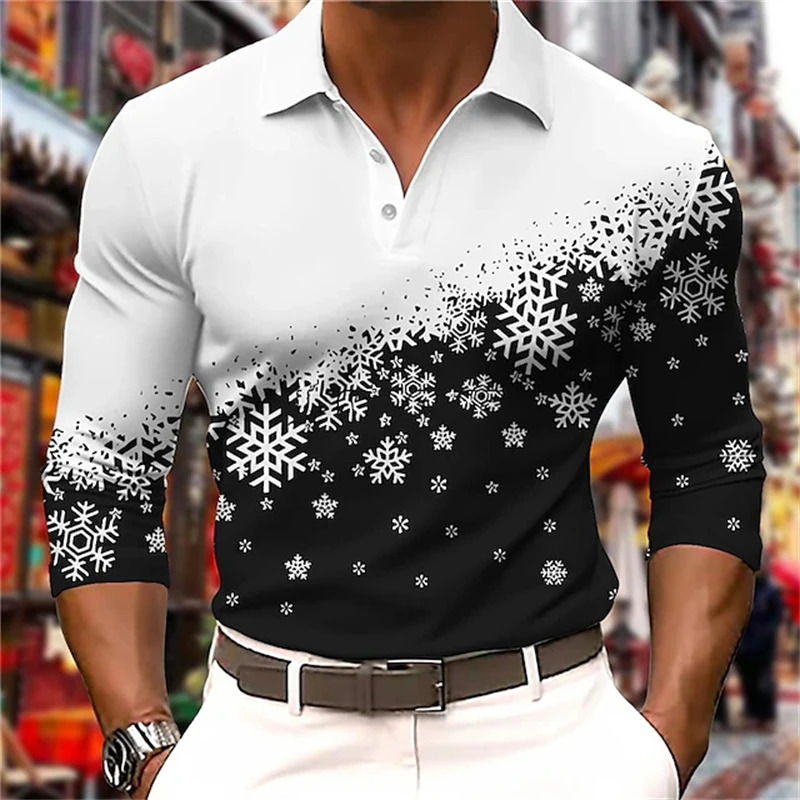 Mens Polo Shirt Golf Shirt 3D Printed Snowflake Graphic Top Christmas Street Long Sleeve Button Mens Polo Clothing 250103