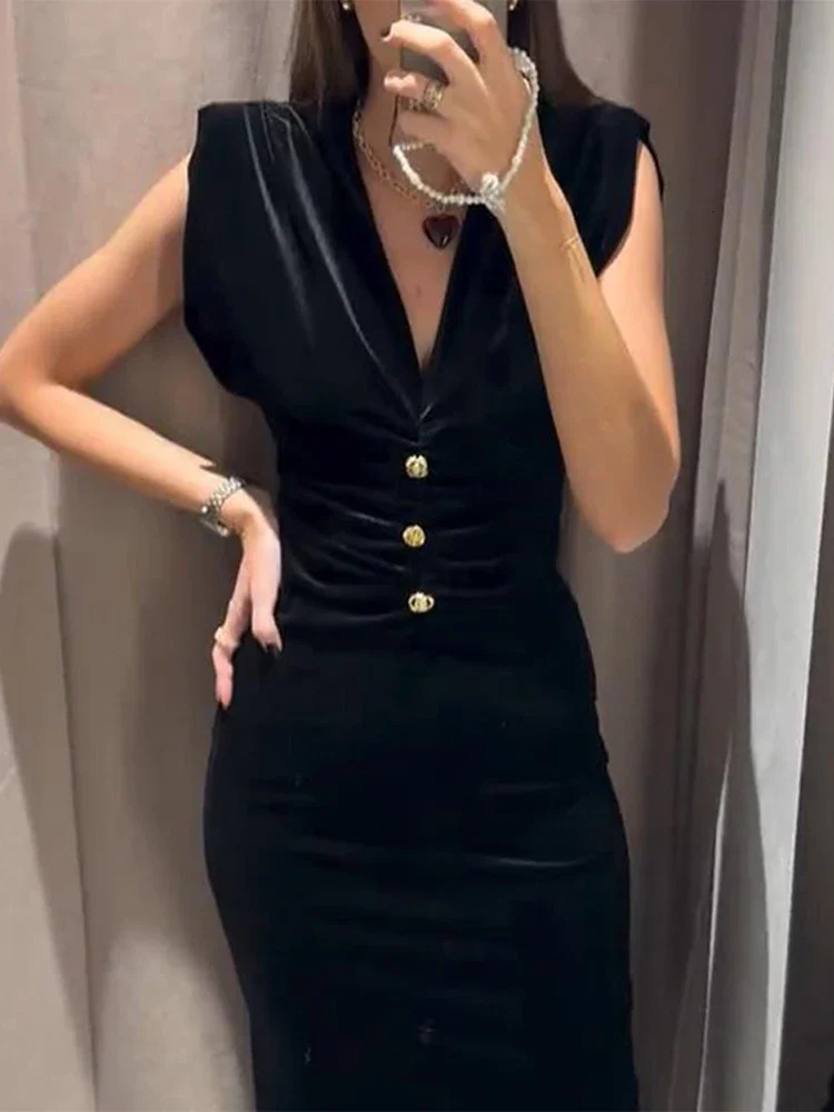 Elegant Velvet Midi Dress for Womens Sexy V-neck Single Chest Folded Party Dress 2025 Sleeveless Ultra Thin Split Womens Dress 250103