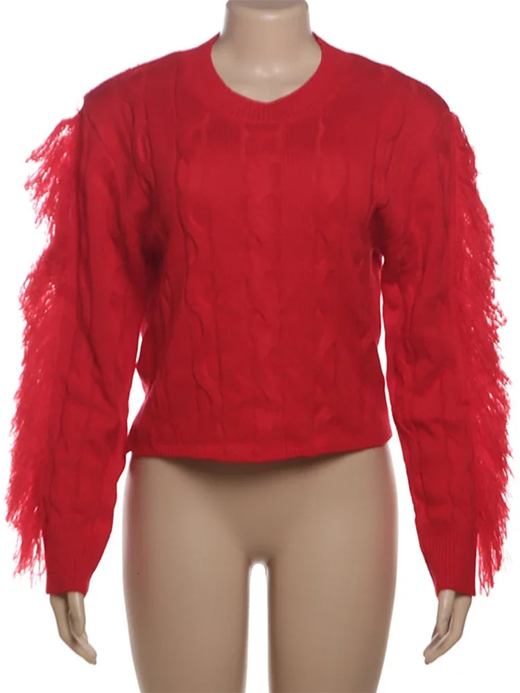 Trendix Tassel Long Sleeve Sweater For Womens Winter Slim O Neck Short Pullover Autumn Street Red Trendy Knit 250103