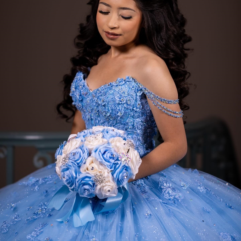 Sky Blue Quinceanera Dresses Ball Gown Off The Shoulder Applique Lace Beads Tull Party Birthday Sweet 16 Vestidos 15 De Anos