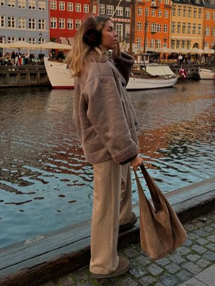 Lamb Wool Suede Jacket Women 2024 Autumn Winter Patchwork Lapel Full Sleeves Female Jackets Casual Loose Street Warm Lady Coats 250103