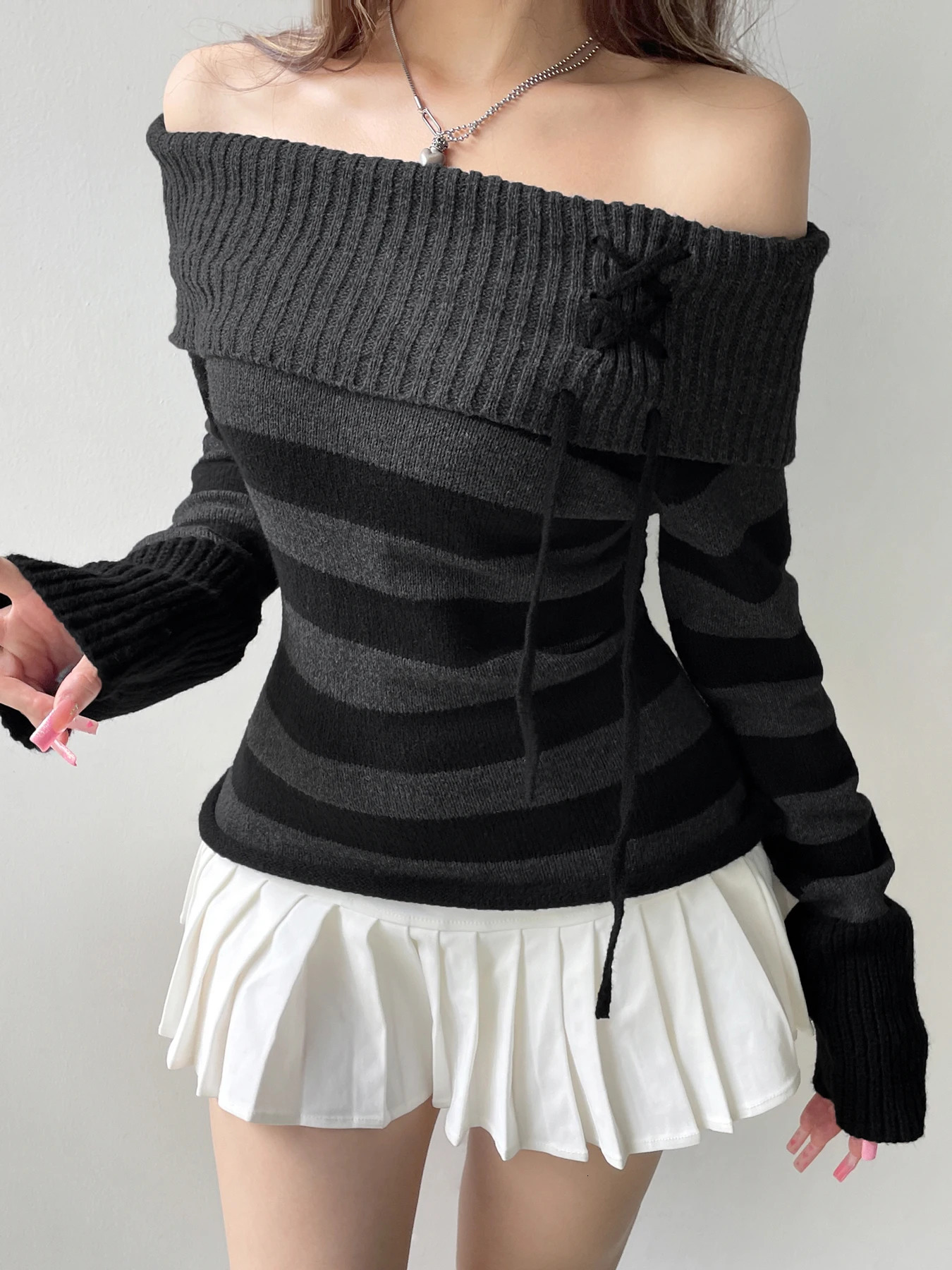 Rockmore Elegant Offshoulder Striped Sweater Famale Laceup Patchwork Long Sleeve Pullovers Vintage Basic Chic Tops Streetwear 250103