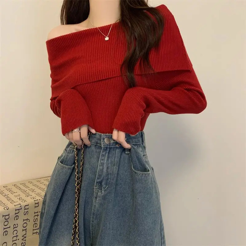 Autumn and Winter Womens Long Sleeved Pullover Off Shoulder Sweater Screw Thread Solid Color Slim Fit Knitted Tops 250103