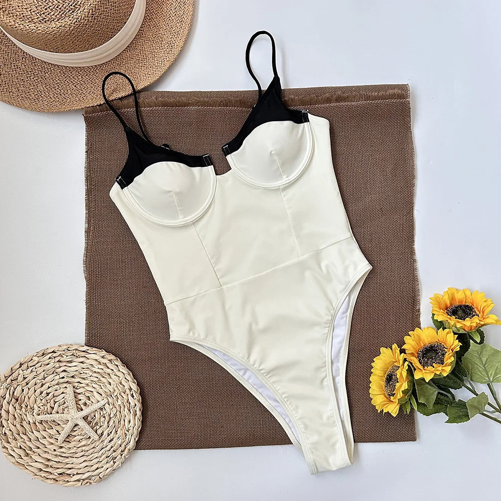 One Piece Swimsuit Swimwear Black White Women Bathing Suit Beachwear Vintage Retro Monokini Swim Maillot de bain 250106