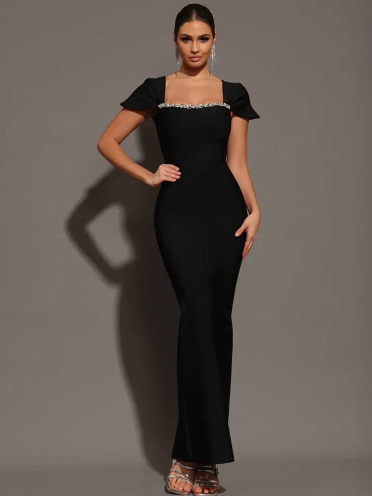 Women Celebrity Sexy Square Collar Black Red Blue Diamonds Maxi Long Bandage Dress 2025 Elegant Evening Club Party Outfit 250103