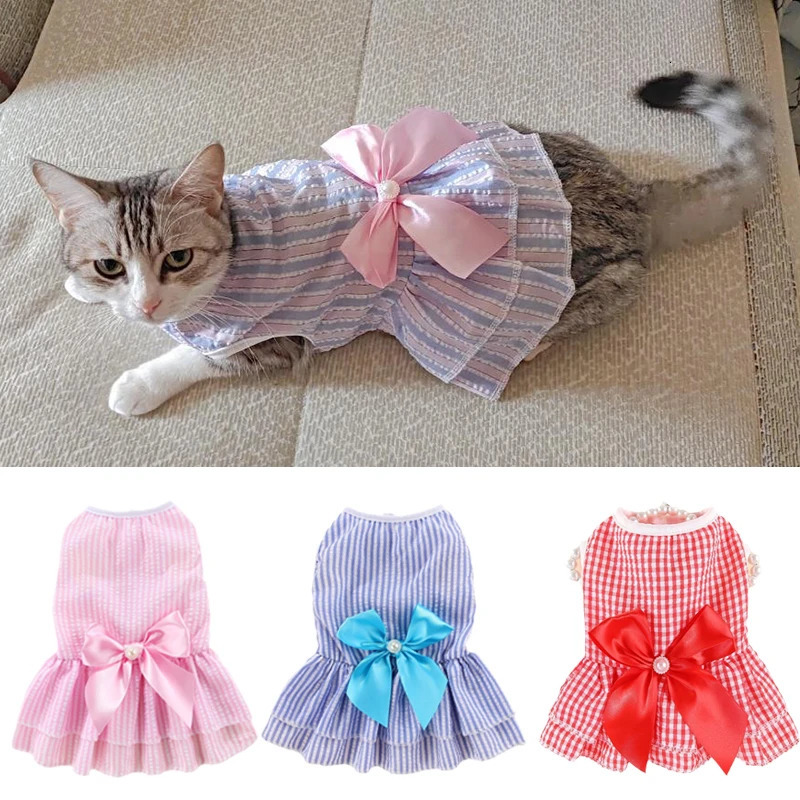 Spring Summer Stripe Sphynx Cat Bow Skirt Cute Pet Dress for Cats Gotas Katten Kedi Dresses mascotas Clothes Clothing vestido 250106
