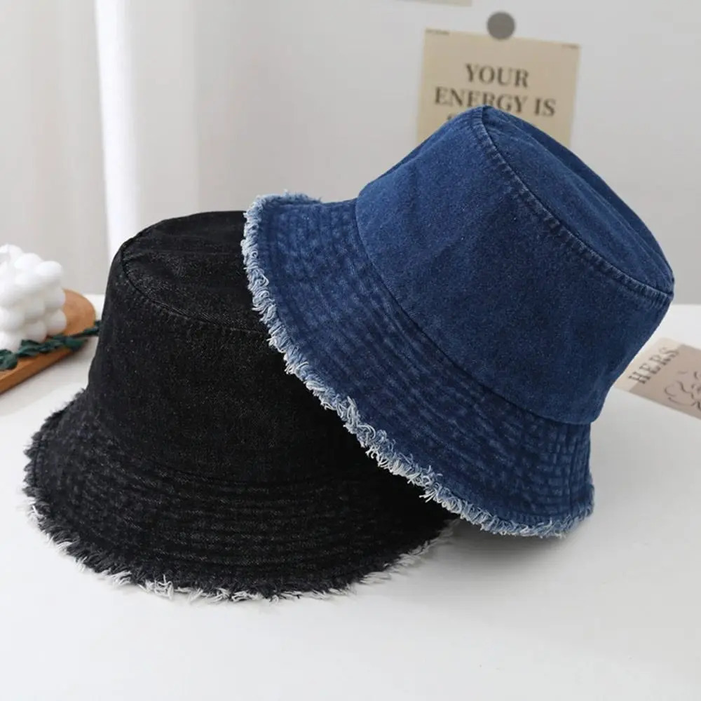 Sunscreen Hat Solid Color Fur Denim Fisherman Hat Denim Style Men Women Bucket Hat Fringed Edge Summer Vintage Bob Hat 250106