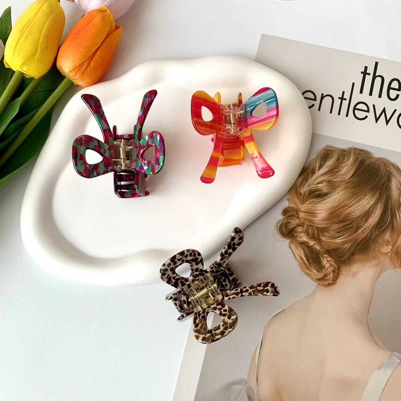 Rigorous selection of colorful bow acetate scrunchies cute butterfly hair clips rainbow color super female shark clip hair accessories premium sense