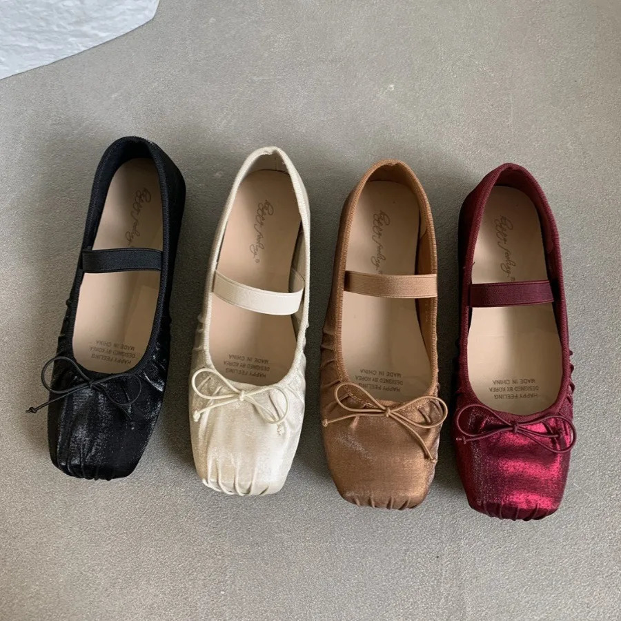 Soft Shoes Woman Flats Casual Female Sneakers Bow-Knot Square Toe Dress Ballerinas Summer Butterfly Spring Silk Solid Mary J 250106