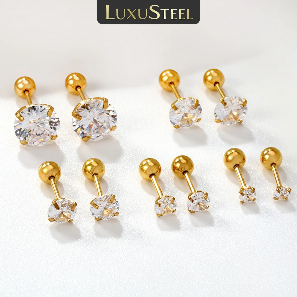 LUXUSTEEL Selling 1/5/10 Pairs Stainless Steel Round Cubic Zirconia Womens Earrings Men Stud Earrings Jewelry Accessories 250106